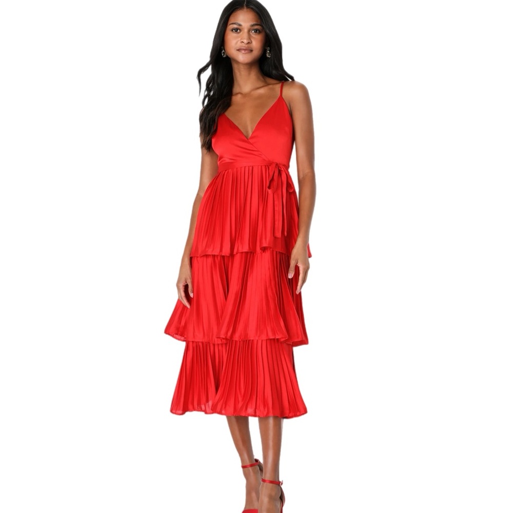 Lulu's Red Midi Sundress with Tiered Skirt and V-Neck
